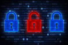 Blue and red padlocks over digital code.