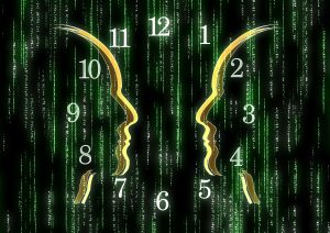 Digital clock faces with binary background.