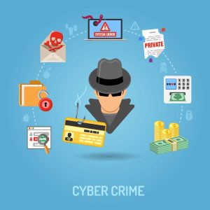 Cybercrime illustration with hacker and digital elements.