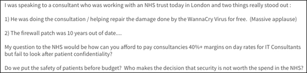 Text about NHS consultant and WannaCry virus.
