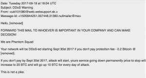 Email warning about a DDoS attack threat.