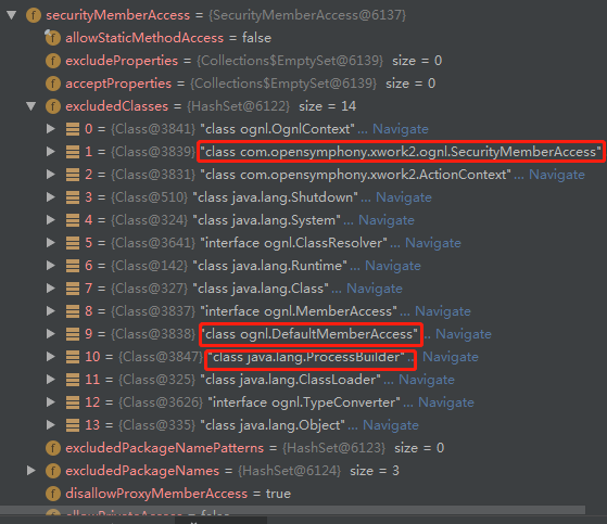 Code snippet showing excluded Java classes.
