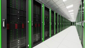 Server racks in a data center hallway.