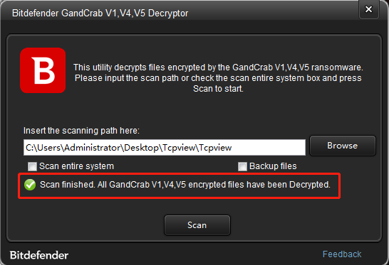 Bitdefender GandCrab decryptor interface, decryption completed.