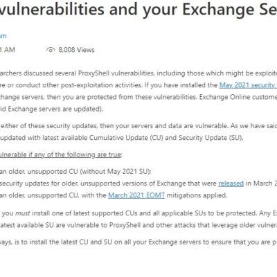 Text about Exchange Server vulnerabilities notice.