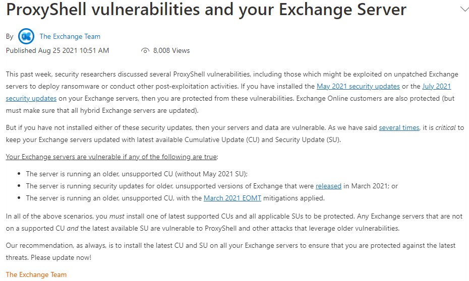 Text about Exchange Server vulnerabilities notice.