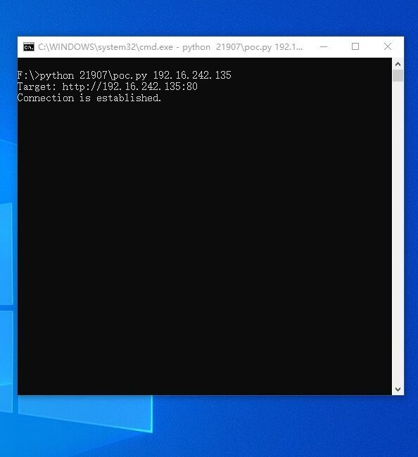 Command prompt showing a Python script connection.
