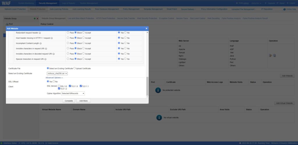Web application firewall settings interface screenshot.