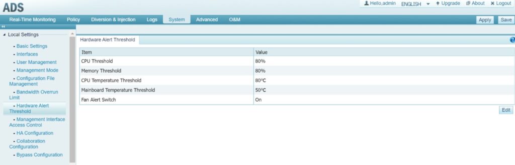 Alert threshold settings interface with values displayed.