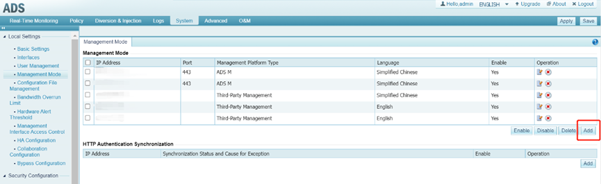 Management mode settings interface with options.