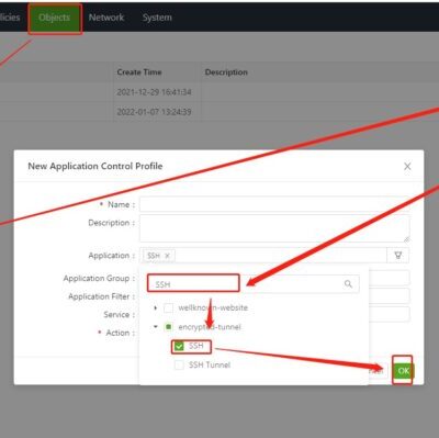 Network application control profile setup window.