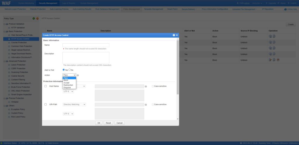 Web application firewall settings interface screenshot.