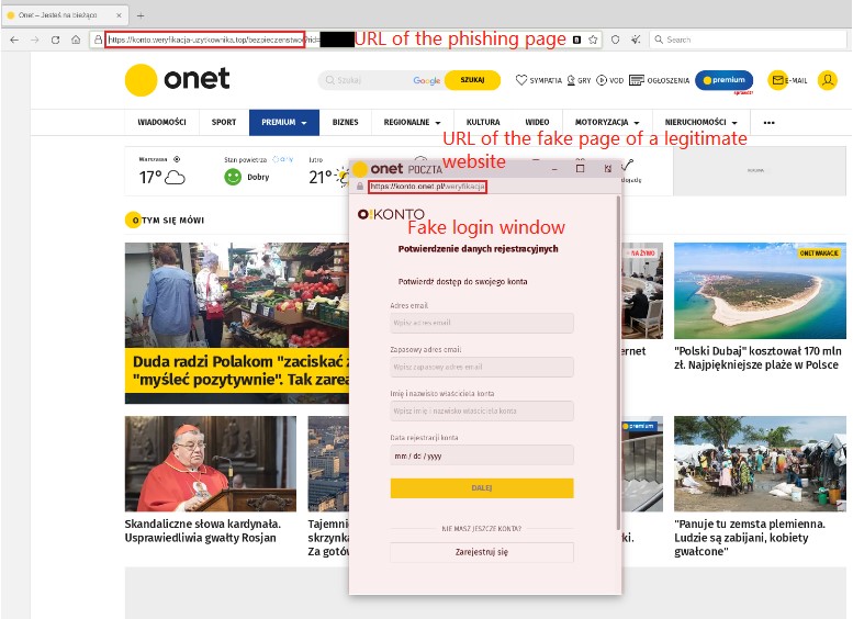 Fake login window on news website.