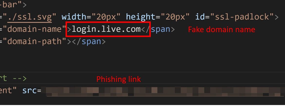 Code highlighting fake domain and phishing link.