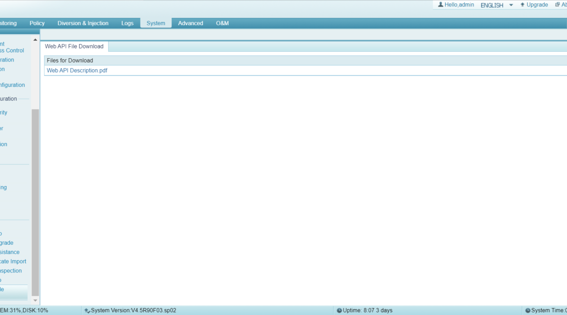 Network management interface with download options.