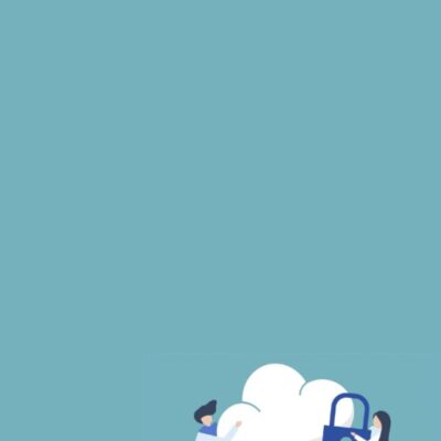 Uma imagem que ilustra duas pessoas ilustradas segurando uma nuvem e um cadeado.