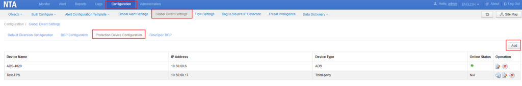 NTA website interface showing device settings.