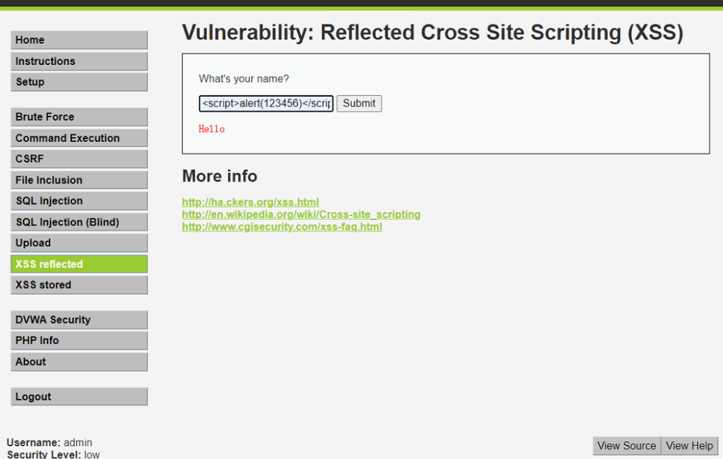 Web application showing XSS vulnerability demonstration.