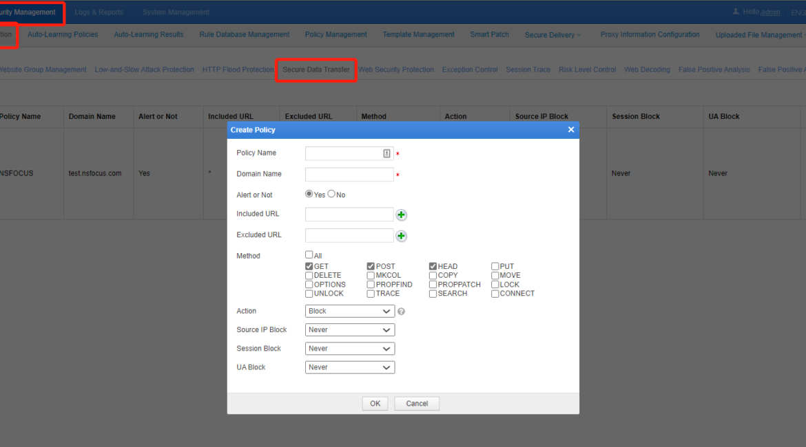 Web application firewall configuration settings screen.