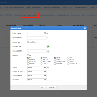 Web application firewall configuration settings screen.