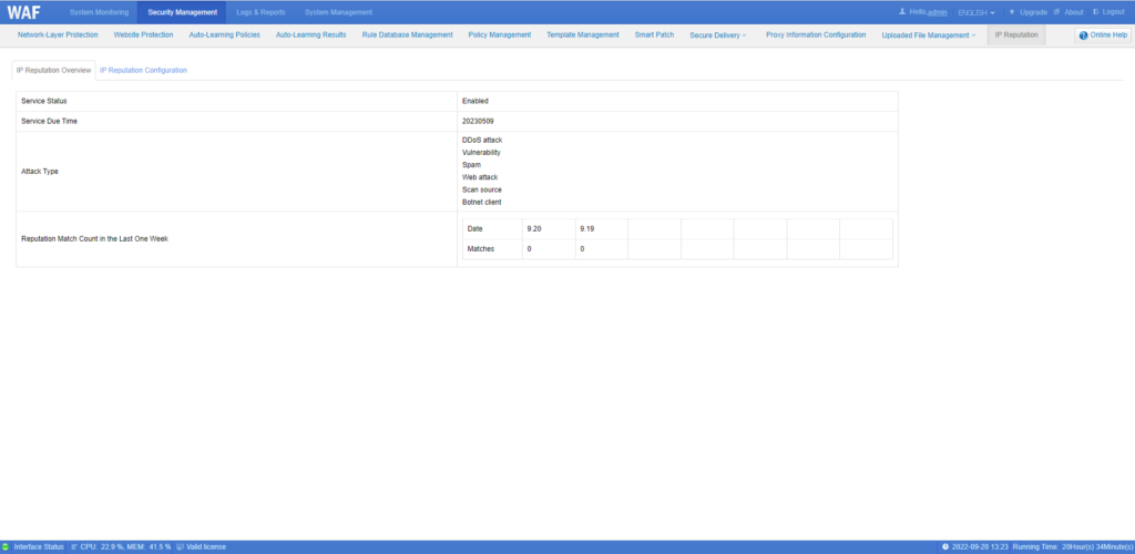 Web application firewall status dashboard screenshot.