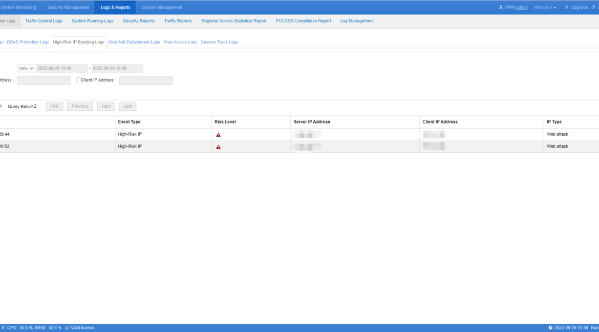Web application firewall log report interface.