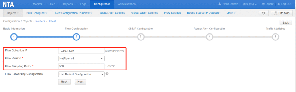 Network configuration interface with flow settings.