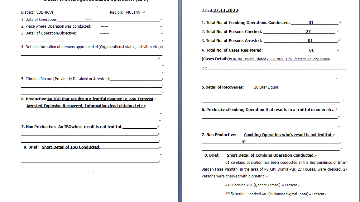 Document detailing intelligence and combing operations.