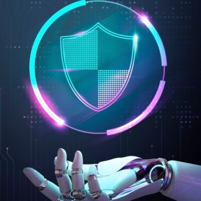 Uma imagem que ilustra a mão de um robo e um escudo que passa o sentimento de segurança.