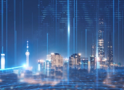 Futuristic cityscape with digital light effects.