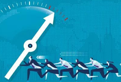 Businesspeople running with speedometer in background.