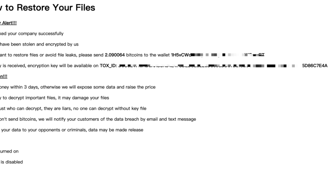 Ransom note demanding Bitcoin for file decryption.