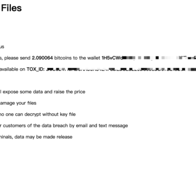 Ransom note demanding Bitcoin for file decryption.