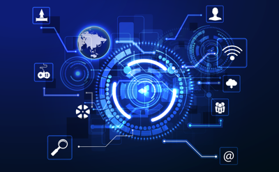 Futuristic digital interface with technology icons.