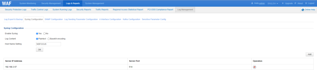 Web application firewall configuration settings page.