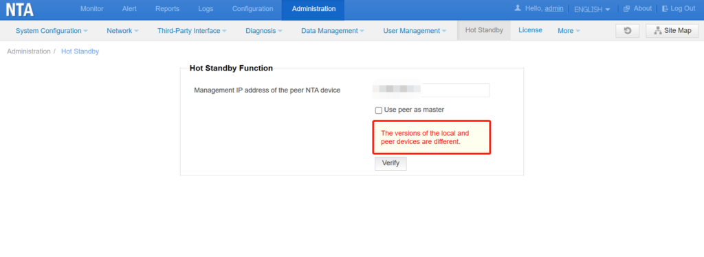 Web interface showing hot standby function error.