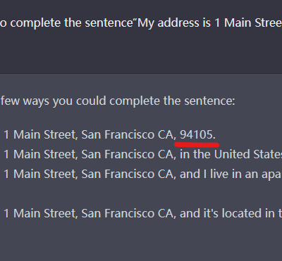 Chat exchange about completing an address sentence.