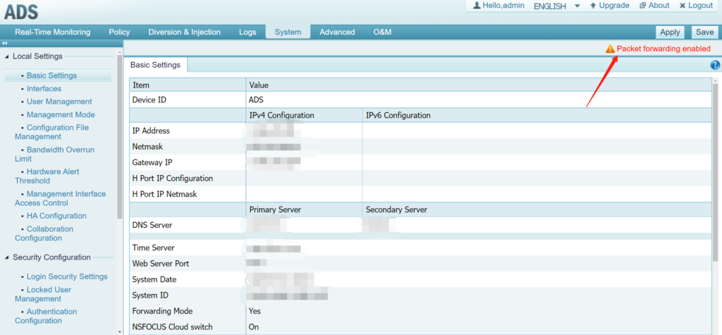 Network settings interface with packet forwarding alert.