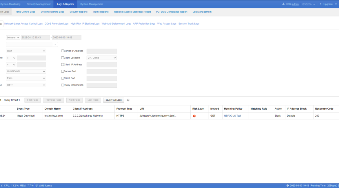 Web application firewall interface with data table.