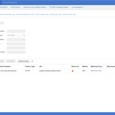 Web application firewall interface with data table.