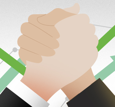 Handshake with upward trending graph background.