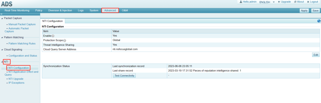 Dashboard showing MIT configuration settings and status.