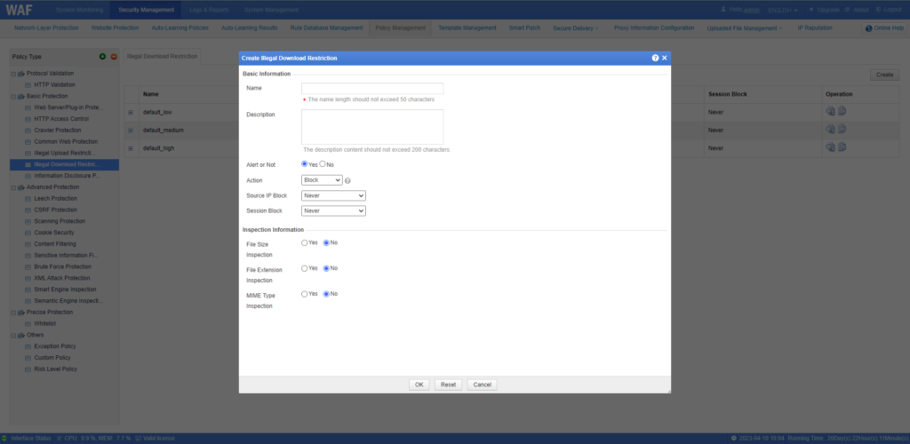 Web application interface with form settings.