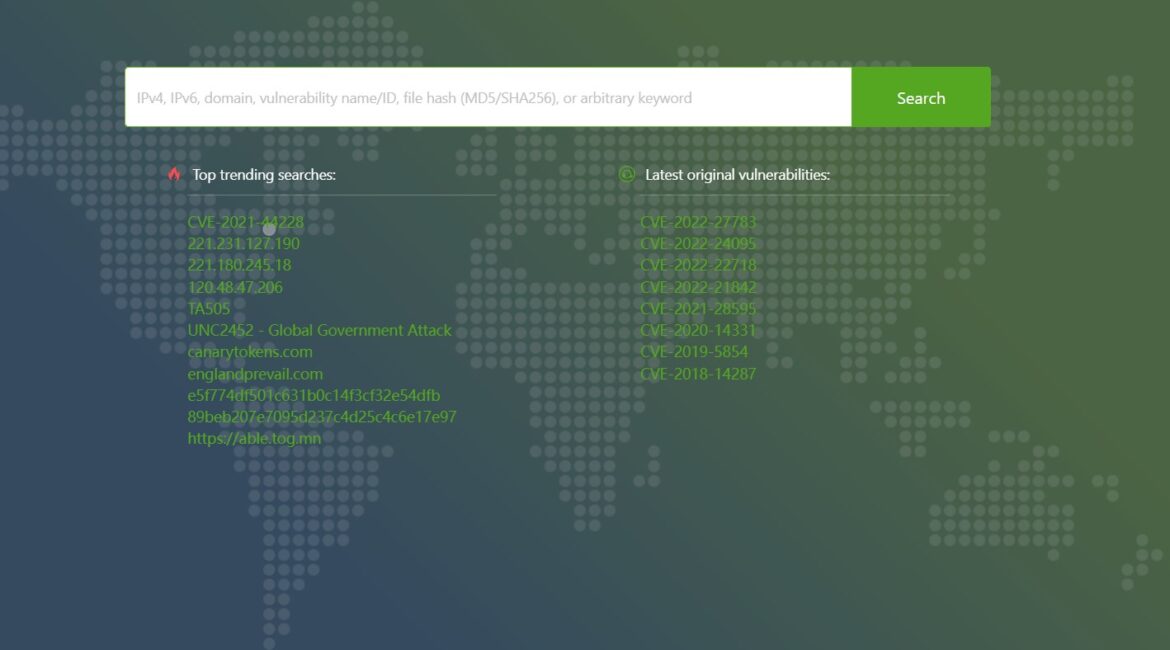 Search interface with trending searches and vulnerabilities.