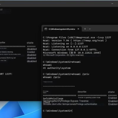 Command prompt windows showing privilege escalation.