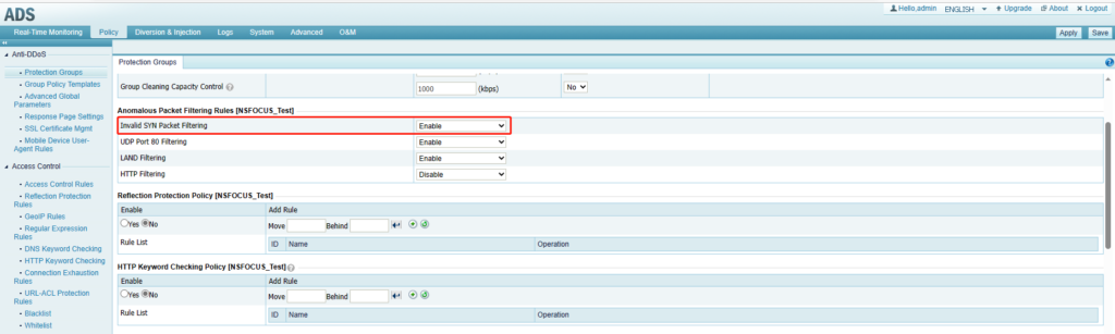 Network settings page with protocol filtering options.