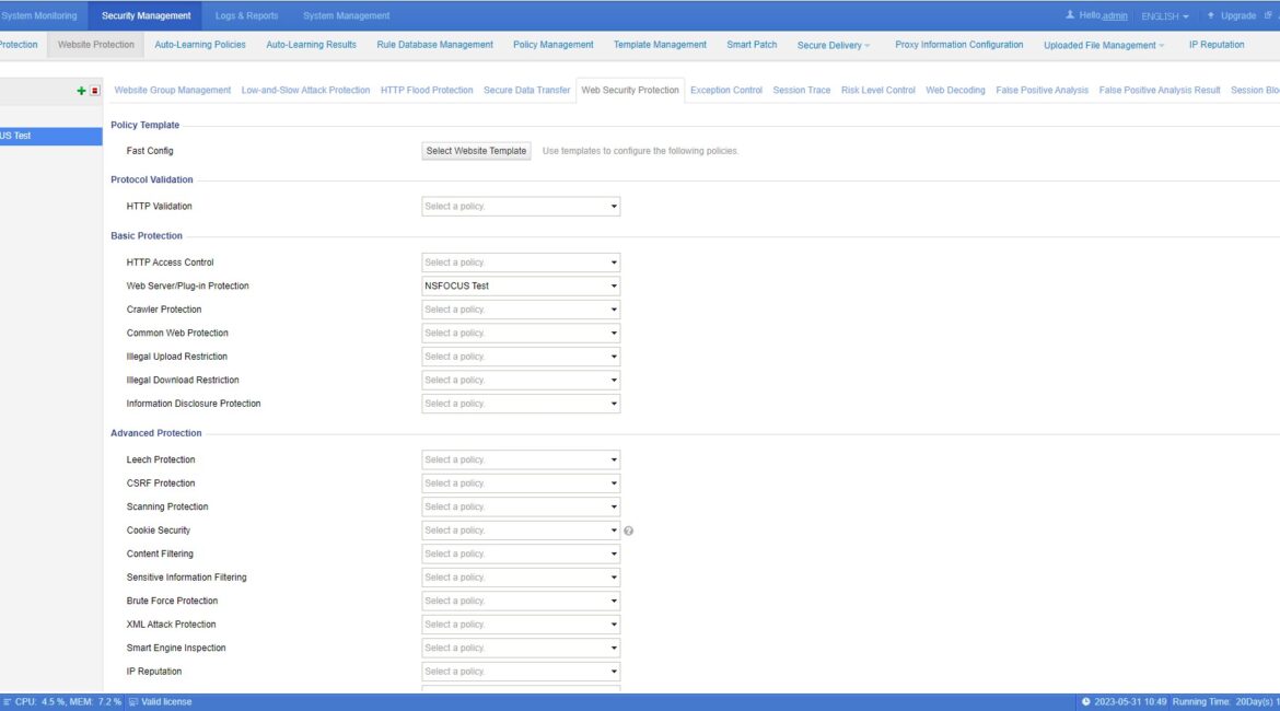 WAF policy settings dashboard screenshot.