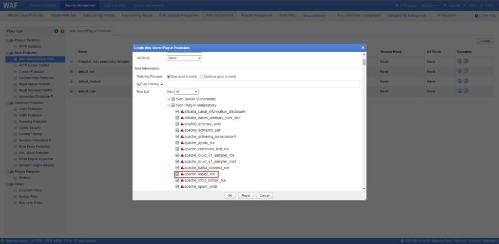 Web interface with security settings dialog open.