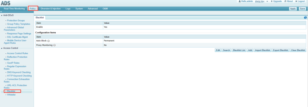 Web interface showing ADS policy settings.